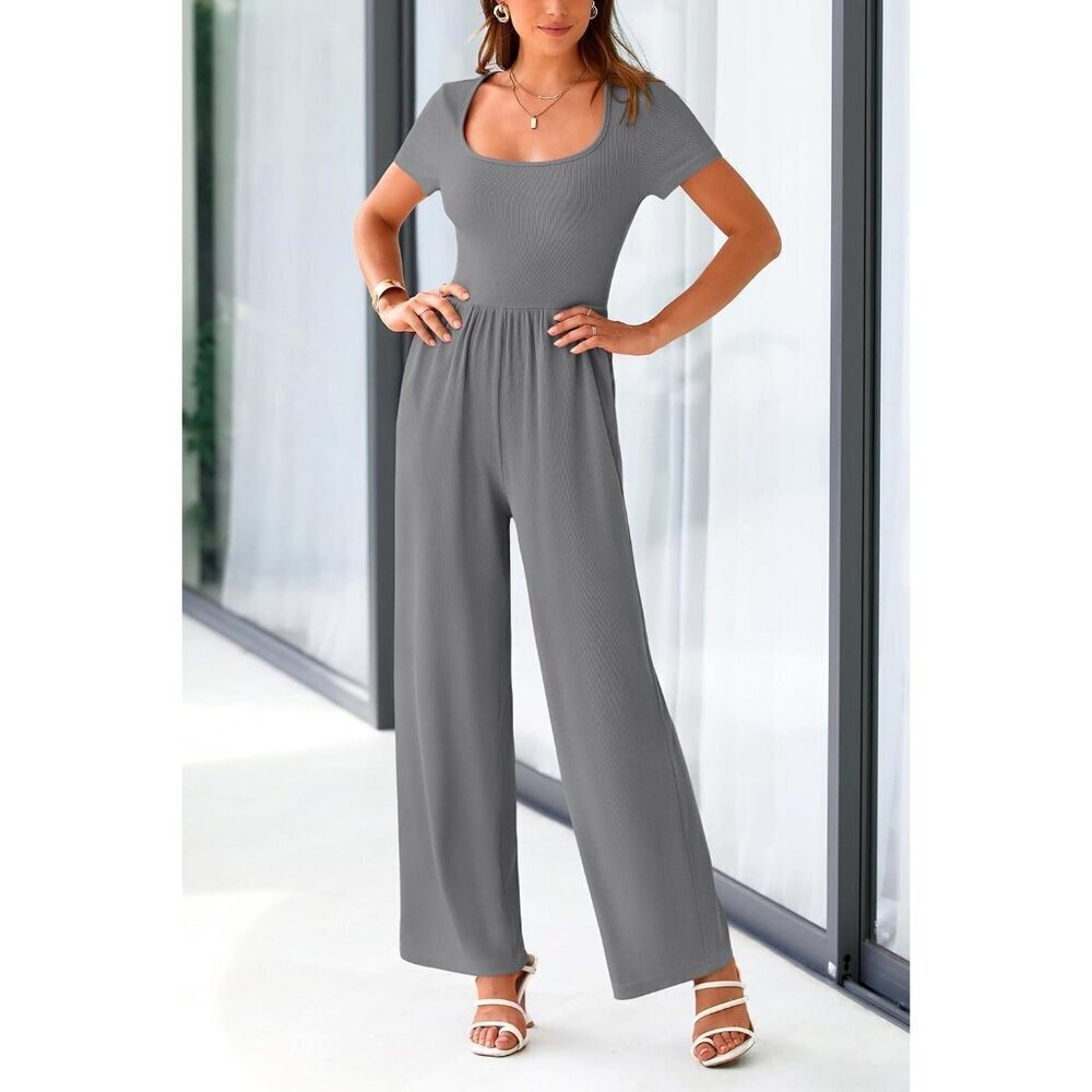 Women's Grey Summer Short Sleeve Square Neck Wide Leg Rompers Jumpsuits - Picture 8 of 8